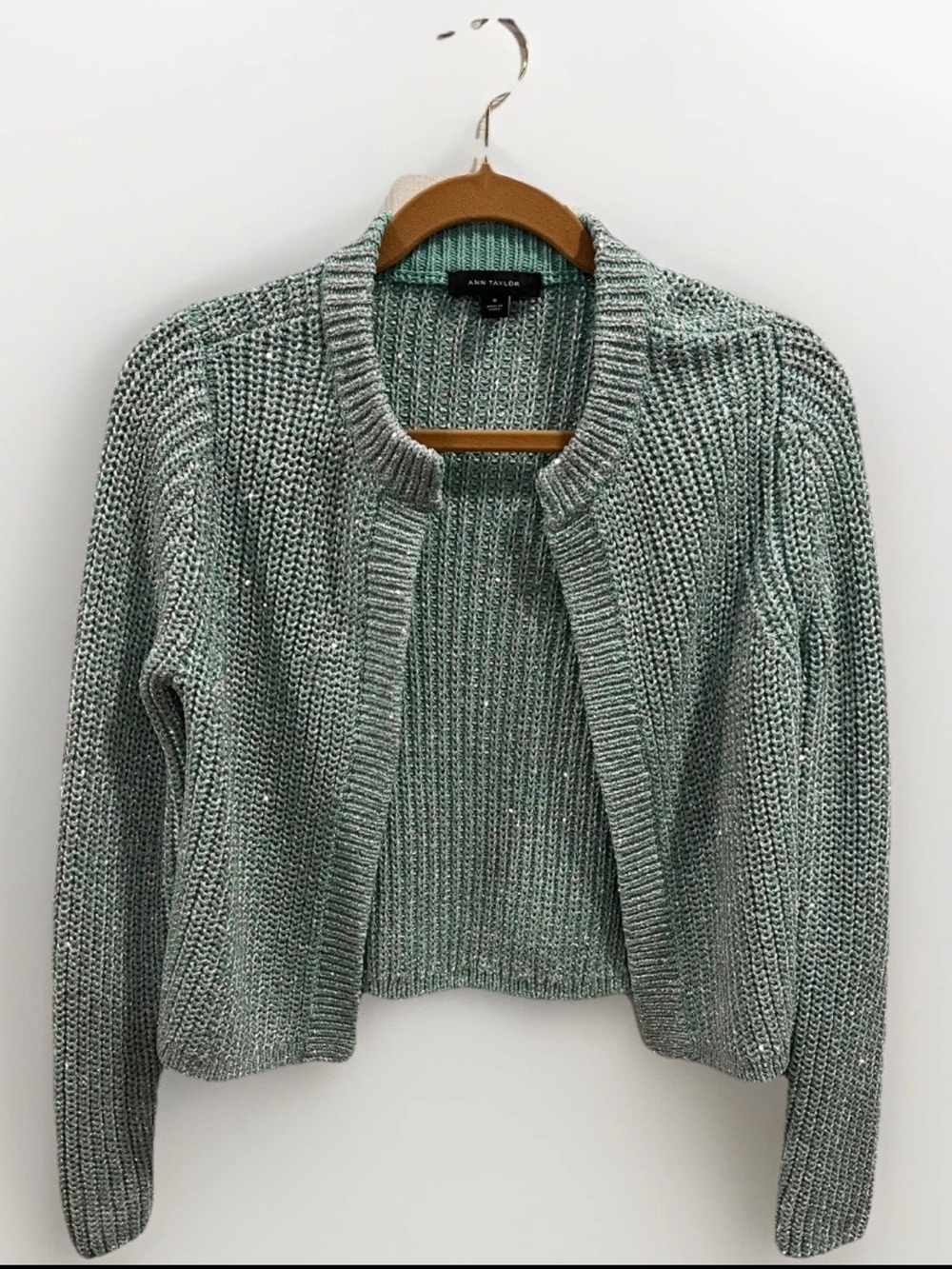 Ann Taylor Studio Women's Green Shimmer Metallic Cardigan Sweater Size M
